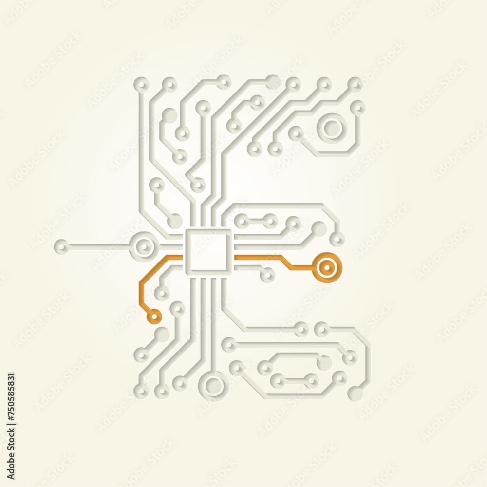 E (Initial Letter) created with electronic conductive tracks - Cut Out Infographic Design