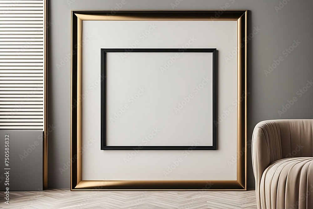Large golden mockup poster frame on the wall. Large golden mockup poster frame on the wall.