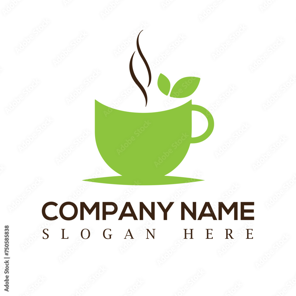 Coffee Logo design, green and brown Coffee and tea cups design with leaf, smoke and cup symbol. Coffee Logo design, green and brown Coffee and tea cups design with leaf, smoke and cup symbol.