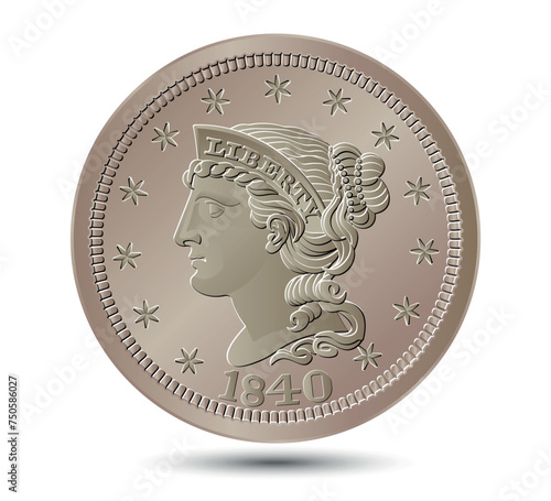 Vector American money, one cent coin, 1840-1857.  Vector illustration.