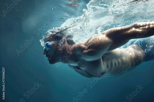Swimmimg or diving man in goggles underwater