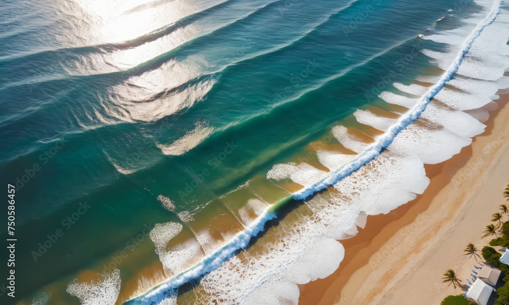 Spectacular top view from drone photo of beautiful beach with relaxing sunlight,
