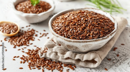  Bowl of raw flaxseeds on a white textured surface with a spoon. 