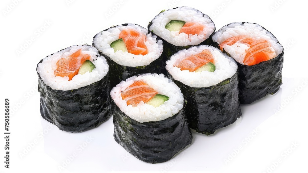 Sushi maki rolls with salmon and cucumber wrapped in seaweed isolated on white background. Close-up studio shot for Japanese cuisine and sushi menu concept for design and print. Sushi maki rolls with salmon and cucumber wrapped in seaweed isolated on white background. Close-up studio shot for Japanese cuisine and sushi menu concept for design and print.