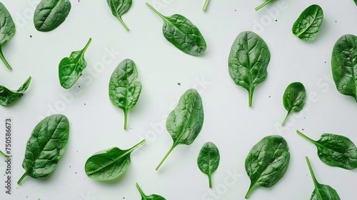 Scattered spinach leaves with natural texture on white. Top view culinary background with place for text. Organic food and cooking design.
