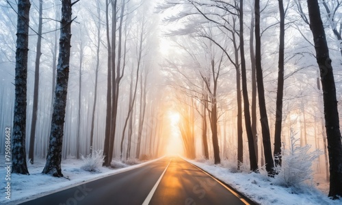 Road with frost-covered trees in winter forest at foggy sunrise. © Universeal