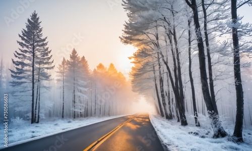 Road with frost-covered trees in winter forest at foggy sunrise.