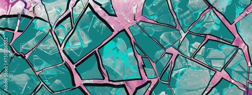 abstract pattern that resembles ariel view of cracked ice, cracks have teal and magenta colors