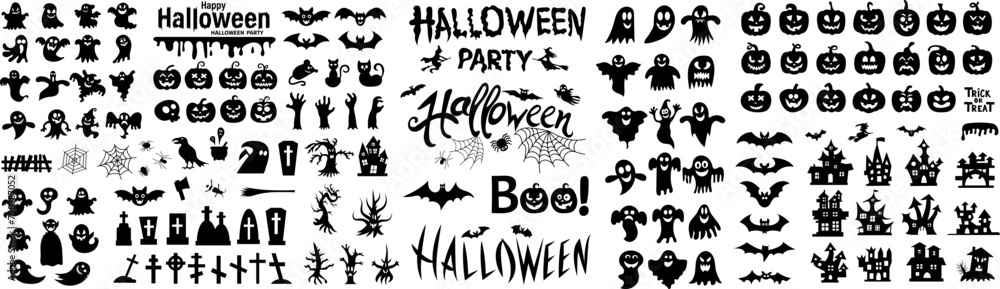 Big set of silhouettes of Halloween on a white background. Vector illustration.