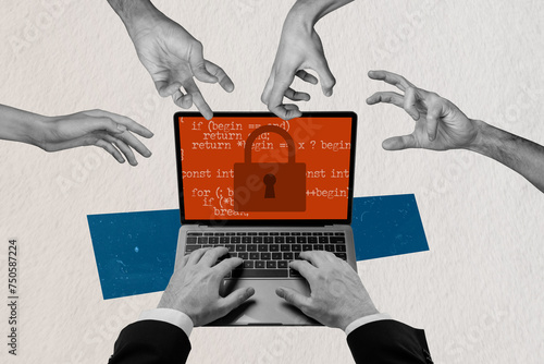 Fotografija Composite image collage of hands type laptop password internet documentation imp