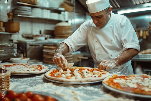 Pizza chef finishing the preparing of in professional pizzeria restaurant kitchen.