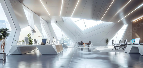 Futuristic administrative hub featuring sleek trapezoidal desks, an innovative team, and streamlined operations. photo
