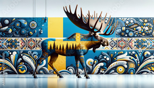 a moose  in overexposure of the Swedish flag © Jean Isard