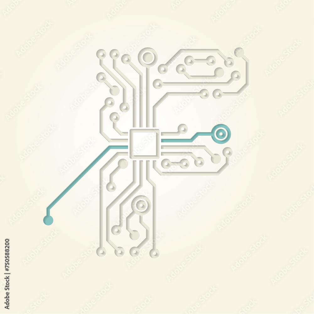 F (Initial Letter) created with electronic conductive tracks - Cut Out Infographic Design