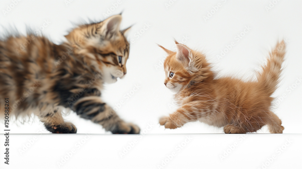 Deux chatons jouant ensemble, un chaton tabby rayé et un chaton roux, arrière-plan blanc