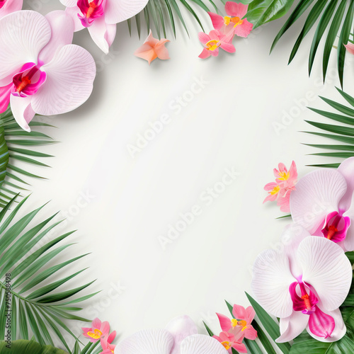 pink orchids and green leaves on a white background