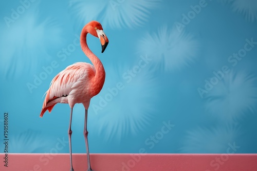 closeup flamingo on soft blue background with copy space