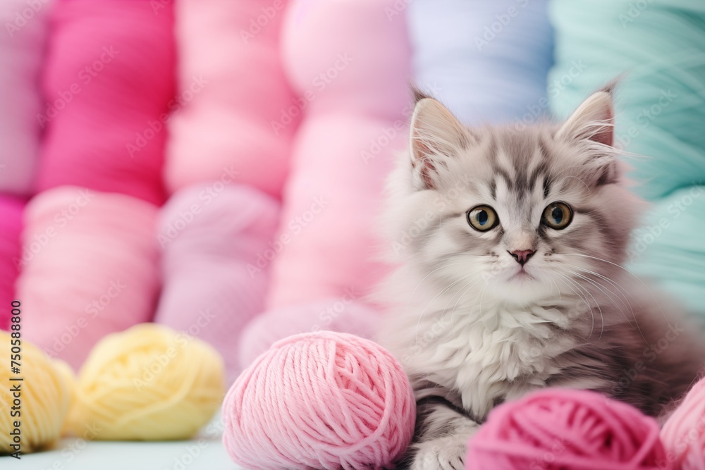Closeup cute cat and pastel yarn roll on blurred soft background Closeup cute cat and pastel yarn roll on blurred soft background
