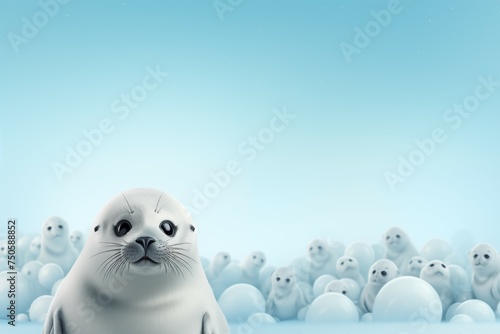 cute seal on blurred soft blue and white color background for cute and relax design