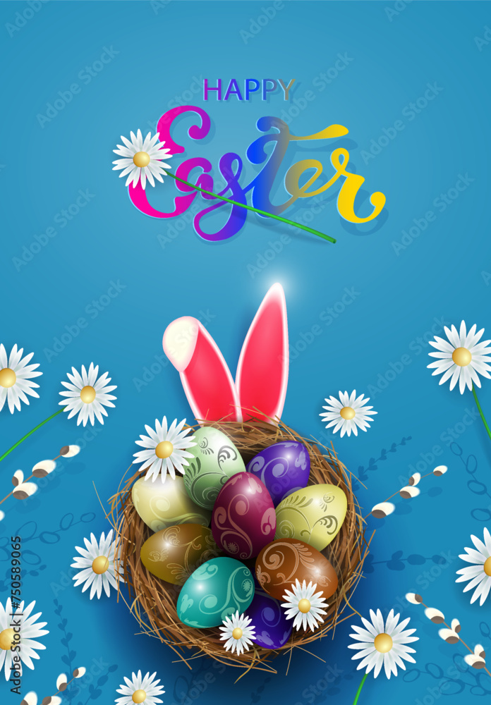 Blue illustration with Easter eggs in a straw nest, chamomile flowers.