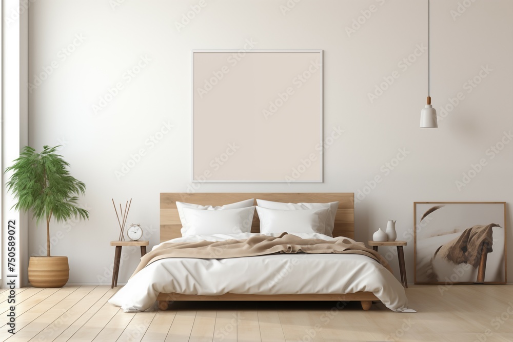 Soft bed in modern bedroom with white black frame on wall background 