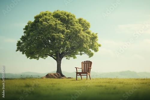 beutiful tree and wooden chair on blurred meadow background photo