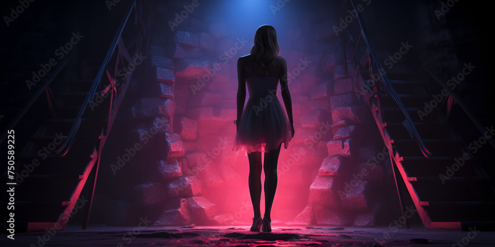 A girl walking dark imagery often dark cinematic with intense lighting that  overall dramatic atmosphere blue and pink background