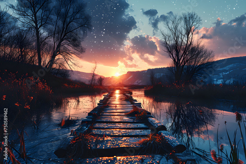 Peaceful Landscape of Wooden Pier on Lake. Wooden Bridge