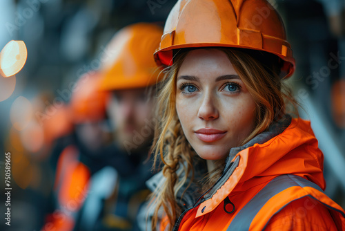 Close up portrait of 25 year old blue eyed blonde girl, construction worker, wearing safety clothing and orange hard hat, looking at camera with colleagues out of focus background