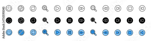 Player button icon set. Control buttons. Linear, silhouette and flat style. Vector icons