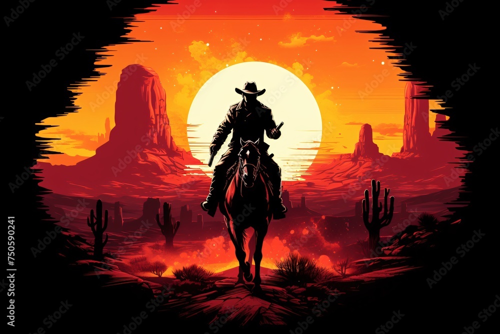a man riding a horse in a desert with cactuses and a sunset