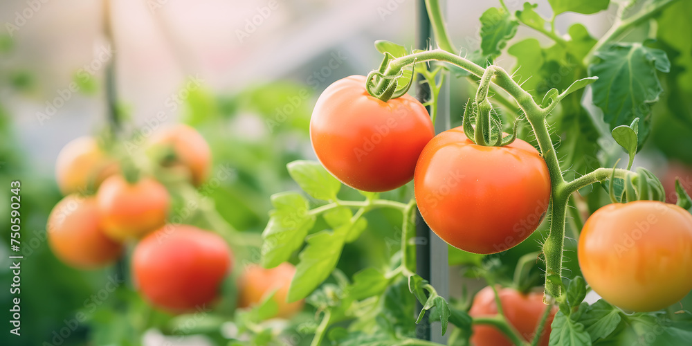 Ripe tomatoes on branch of tomato bush. Tomato plantation cultivated in greenhouse of vegetable farm gives crop of ripe juicy tomatoes