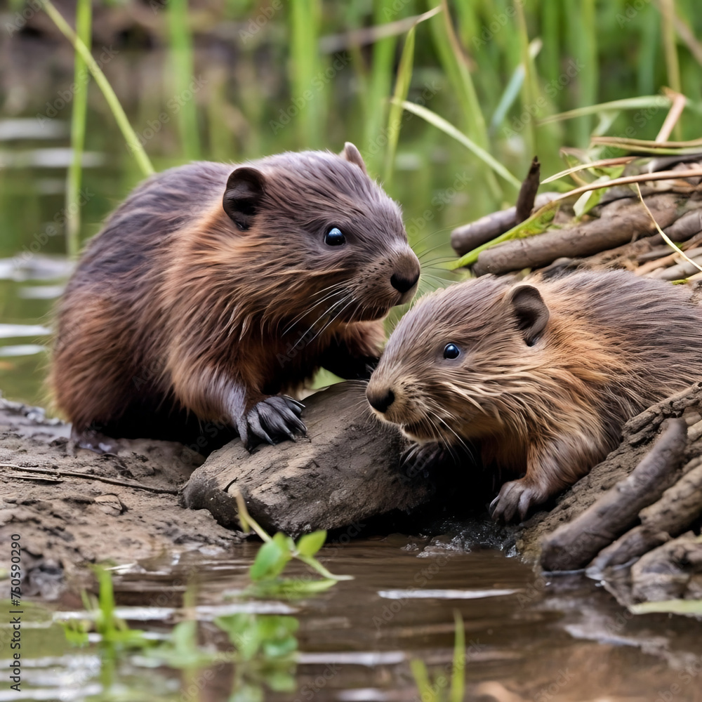 young beaver learning to build dam with his mother by the river young beaver learning to build dam with his mother by the river