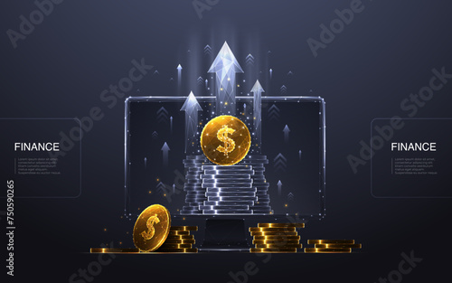 Investment and stock market concept. An abstract digital computer monitor with a golden dollar coin, coin stack, and growth arrows up. Increase revenue technology background. Vector illustration. (ID: 750590265)