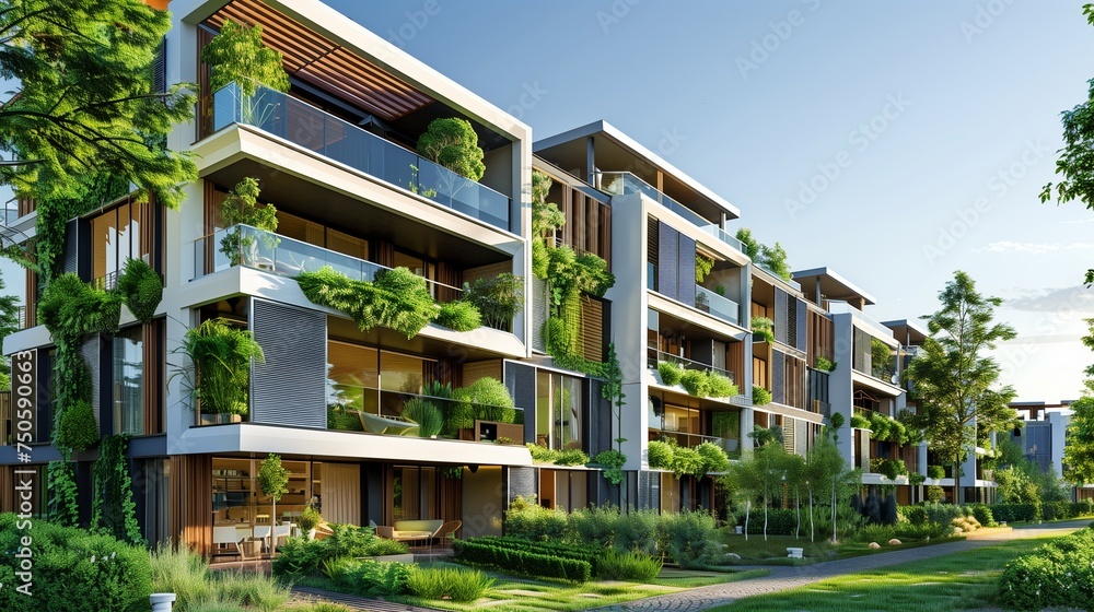 Residential complex featuring energy-efficient multifamily homes adorned with verdant green balconies, rooftop gardens, and integrated solar panel systems, exemplifying sustainable urban living.