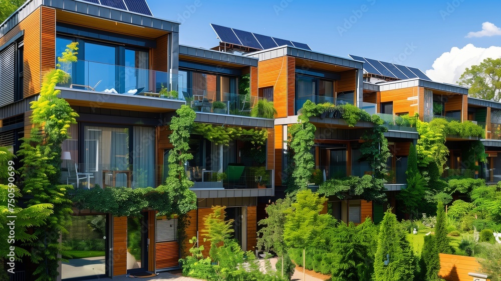 Residential complex featuring energy-efficient multifamily homes adorned with verdant green balconies, rooftop gardens, and integrated solar panel systems, exemplifying sustainable urban living. Residential complex featuring energy-efficient multifamily homes adorned with verdant green balconies, rooftop gardens, and integrated solar panel systems, exemplifying sustainable urban living.