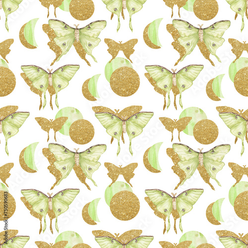 Vászonkép Watercolor luna moth seamless pattern, golden butterfly repeat paper, insect tex