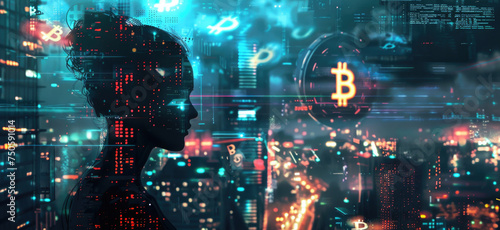 Woman with graph on blurry city background, double exposure. Bitcoin vibrant futuristic background., virtual cryptocurrency and finance concept