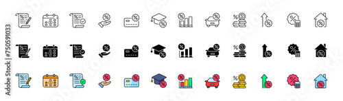 Credit icon collection. Linear, silhouette and flat style. Vector icons