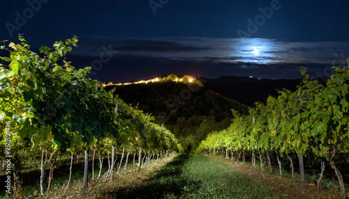 Row of bushes with green leaves of grape plantation against hill in vineyard in summer a summer night