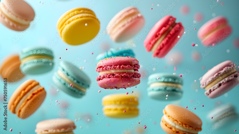 Vibrant Scene: Colorful Macarons Falling in Motion. Concept Colorful Macarons, Vibrant Photography, Creative Food Styling, Dynamic Movement, Whimsical Desserts Vibrant Scene: Colorful Macarons Falling in Motion. Concept Colorful Macarons, Vibrant Photography, Creative Food Styling, Dynamic Movement, Whimsical Desserts
