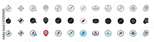 Navigation icon set. Compass icon collection. Linear, silhouette and flat style. Vector icons