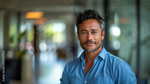 Business portrait of Latino man in blue shirt. © Jordan