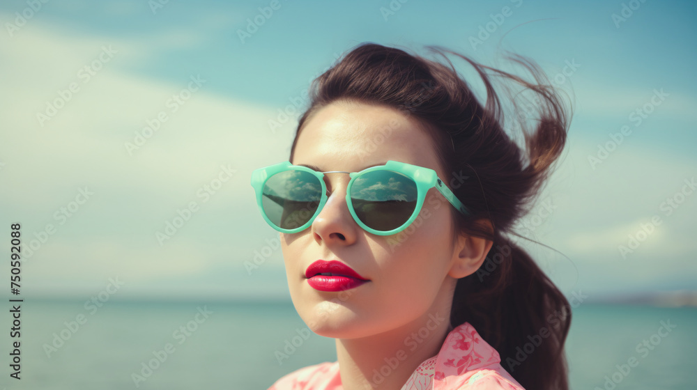 Attractive lady in sunglasses enjoying the ocean view vintage style bright pastel color Attractive lady in sunglasses enjoying the ocean view vintage style bright pastel color