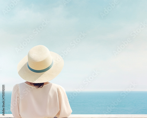 Woman with summer dress and hat by the blue ocean vintage style bright pastel color