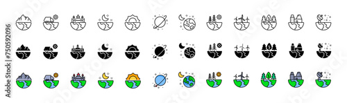 World icon collection. Linear, silhouette and flat style. Vector icons