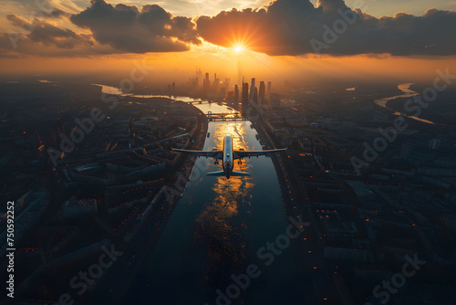 Rear view of passenger plane flying over the city at sunset. Concept: travel, passport