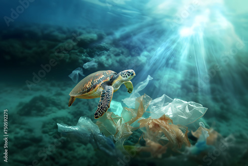 turtle swimming among plastic and pollution. Concept: Climate change, environmental disaster