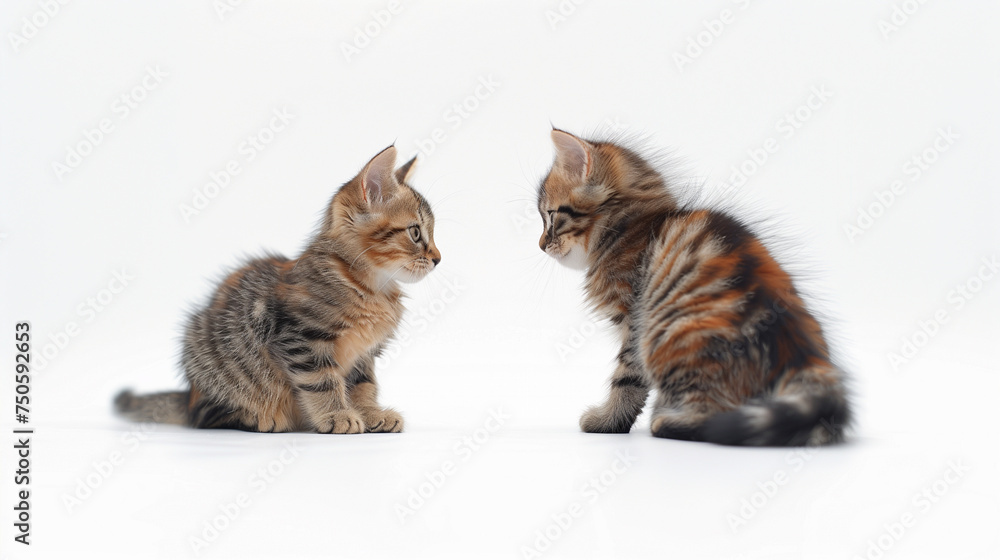 Deux chatons jouant ensemble, un chaton tabby rayé et un chaton calico, arrière-plan blanc