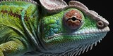 Close up of the eye of a chameleon on black background